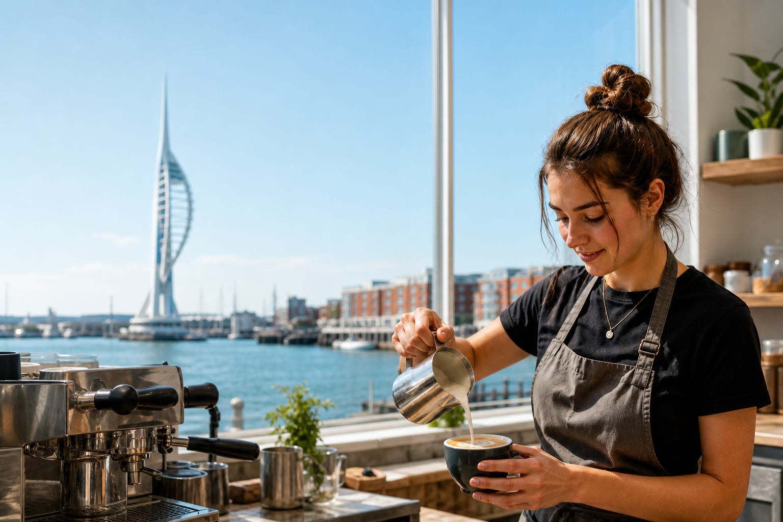 Student barista pouring a latte in a Portsmouth harbourside coffee shop with the Spinnaker Tower behind