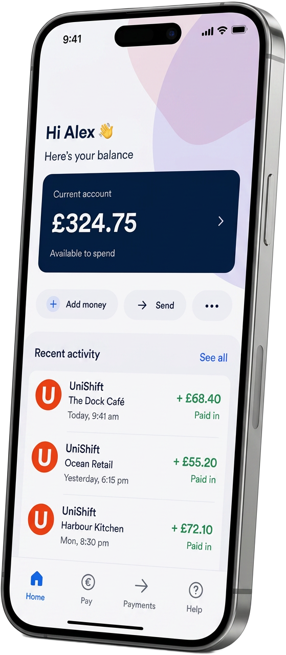 Illustrative three-quarter iPhone showing a UniShift balance screen with recent shift payments